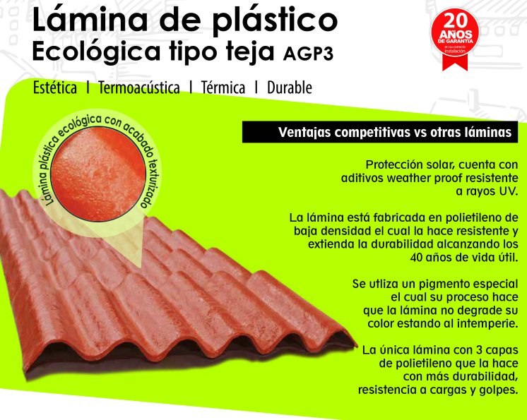 Lámina plástica ecológica tipo teja AGP3, resistente, con protección UV y aislamiento térmico.